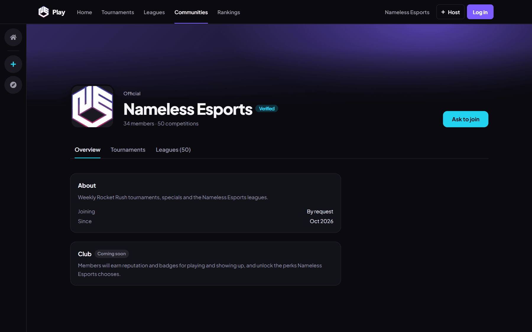 A community page on Nameless Arena with its events and members