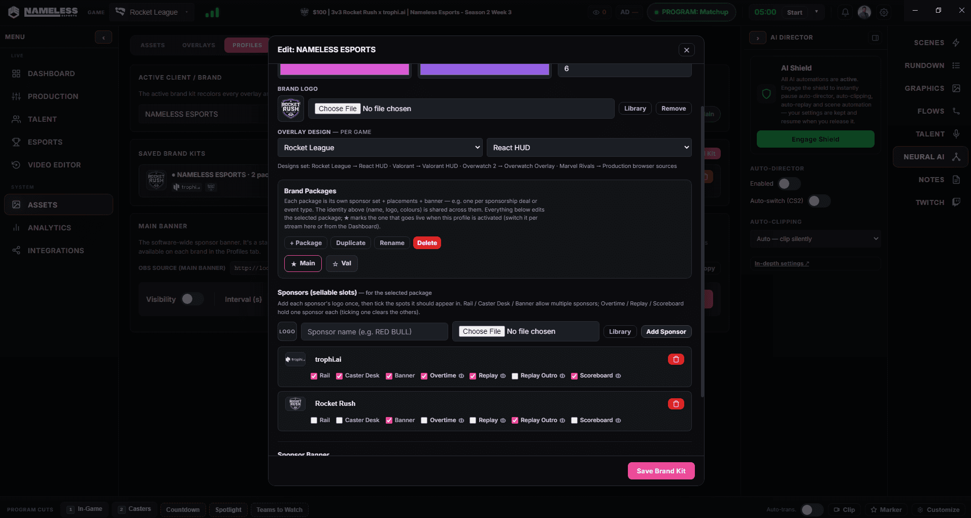 Nameless Studio brand profiles, where a sponsor theme recolors every overlay