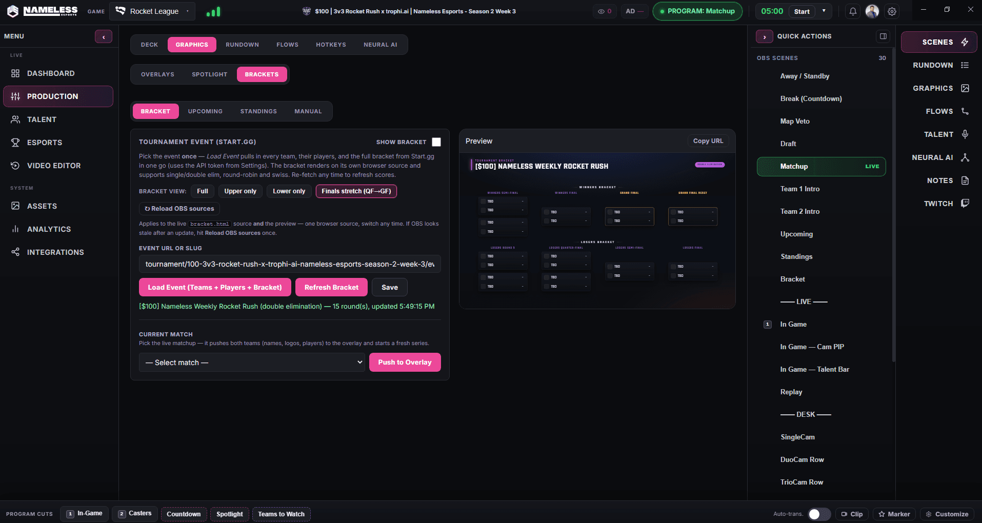 Nameless Studio bracket tool, loading a start.gg event and previewing a double-elimination bracket overlay